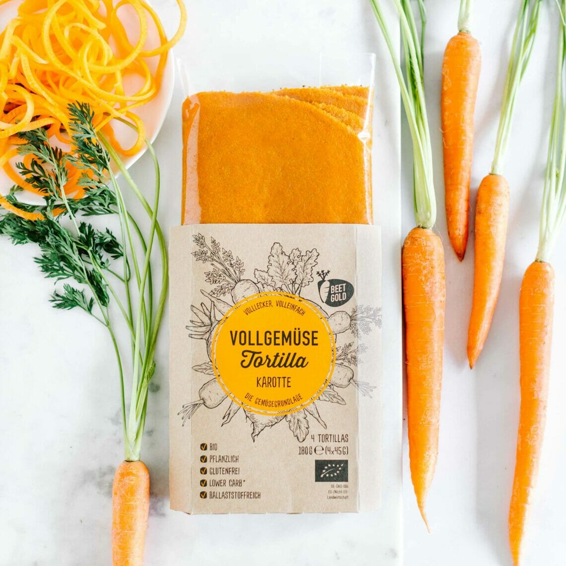 Beetgold Karotten Tortilla Verpackung mit Karotten Dekoration