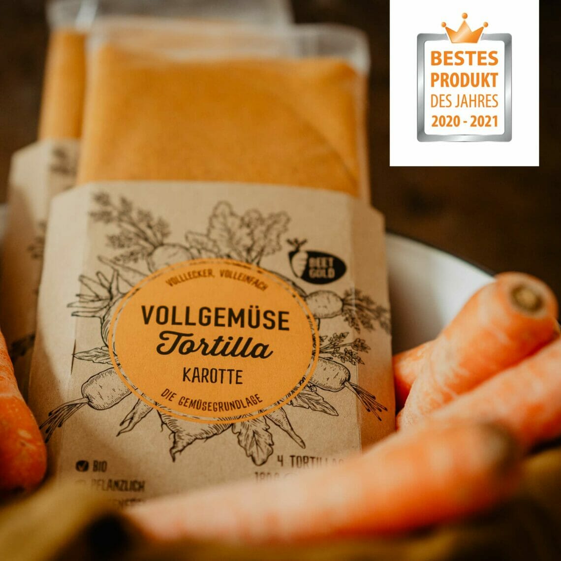 Karotten Tortilla in Schale mit Karotten und Bestes Produkt 2020 2021 Auszeichnungen