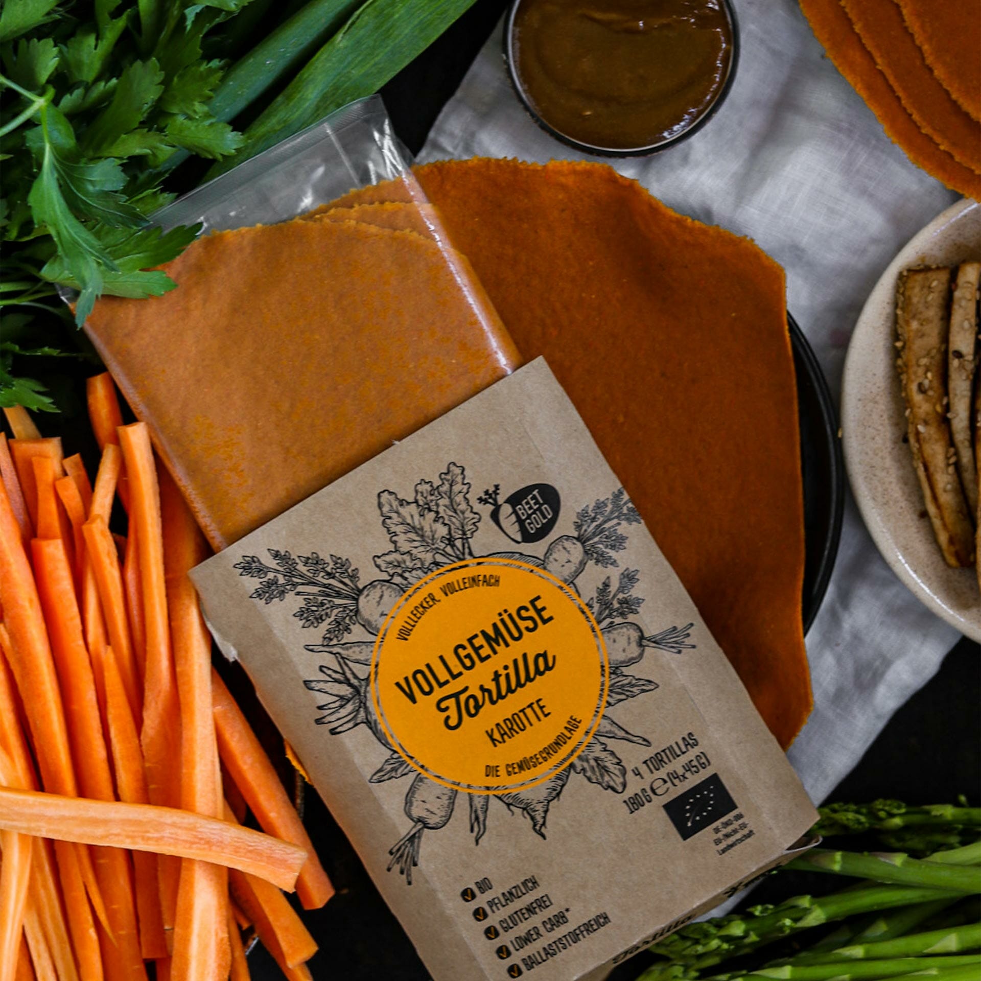 Karotten Tortilla Verpackung mit Zutaten für Karotten Sushi Rezept
